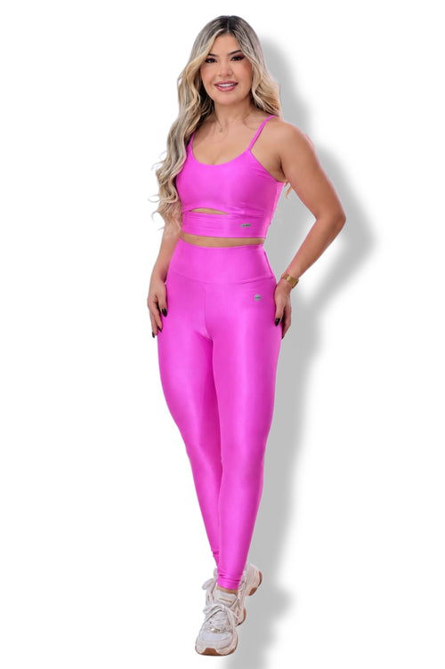 Conjunto Canelado Brilhoso Rosa Pink — Top e Legging Cintura Alta