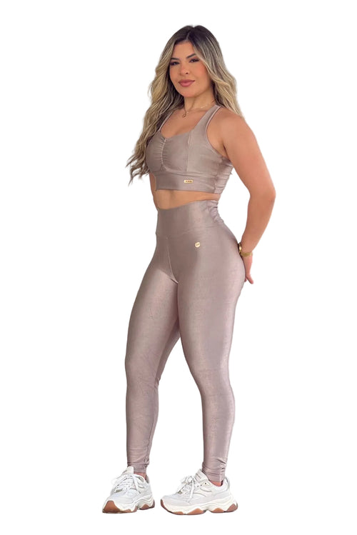 Conjunto Fitness Nude Champagne Brilhoso – Cropped + Legging
