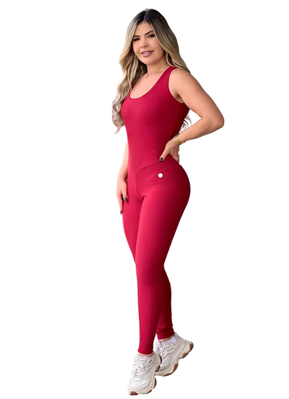 Macacão Longo Canelado Vermelho Costas Vazadas