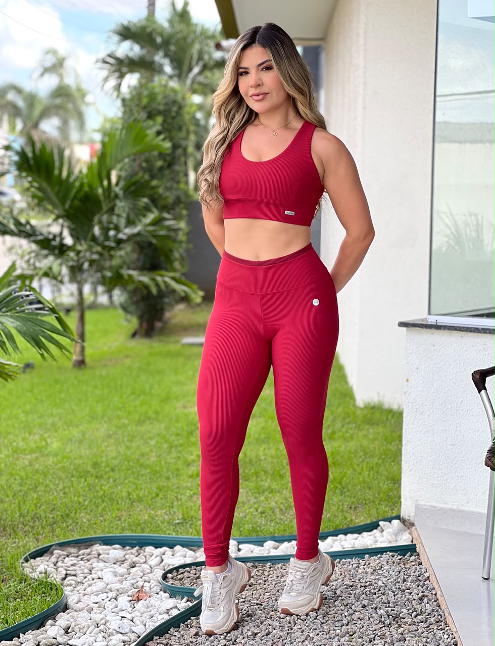 Legging Canelada Vermelha Cintura Alta