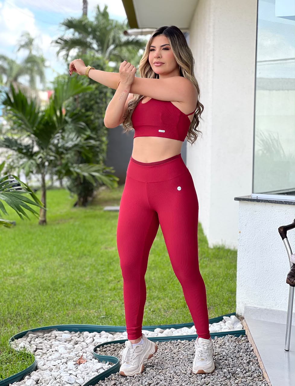 Legging Canelada Vermelha Cintura Alta