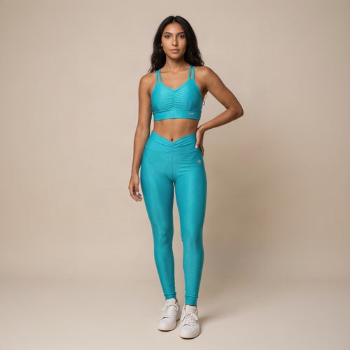 Conjunto Canelado Turquesa — Top e Legging Cintura Alta