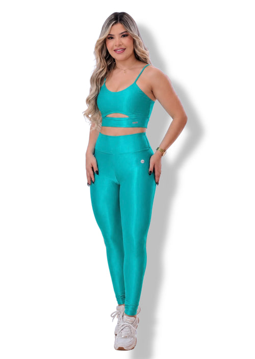 Conjunto Canelado Brilhoso Verde Água — Top e Legging Cintura Alta