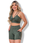 Short Cintura Alta Verde Militar Logo All-Over com Bolso