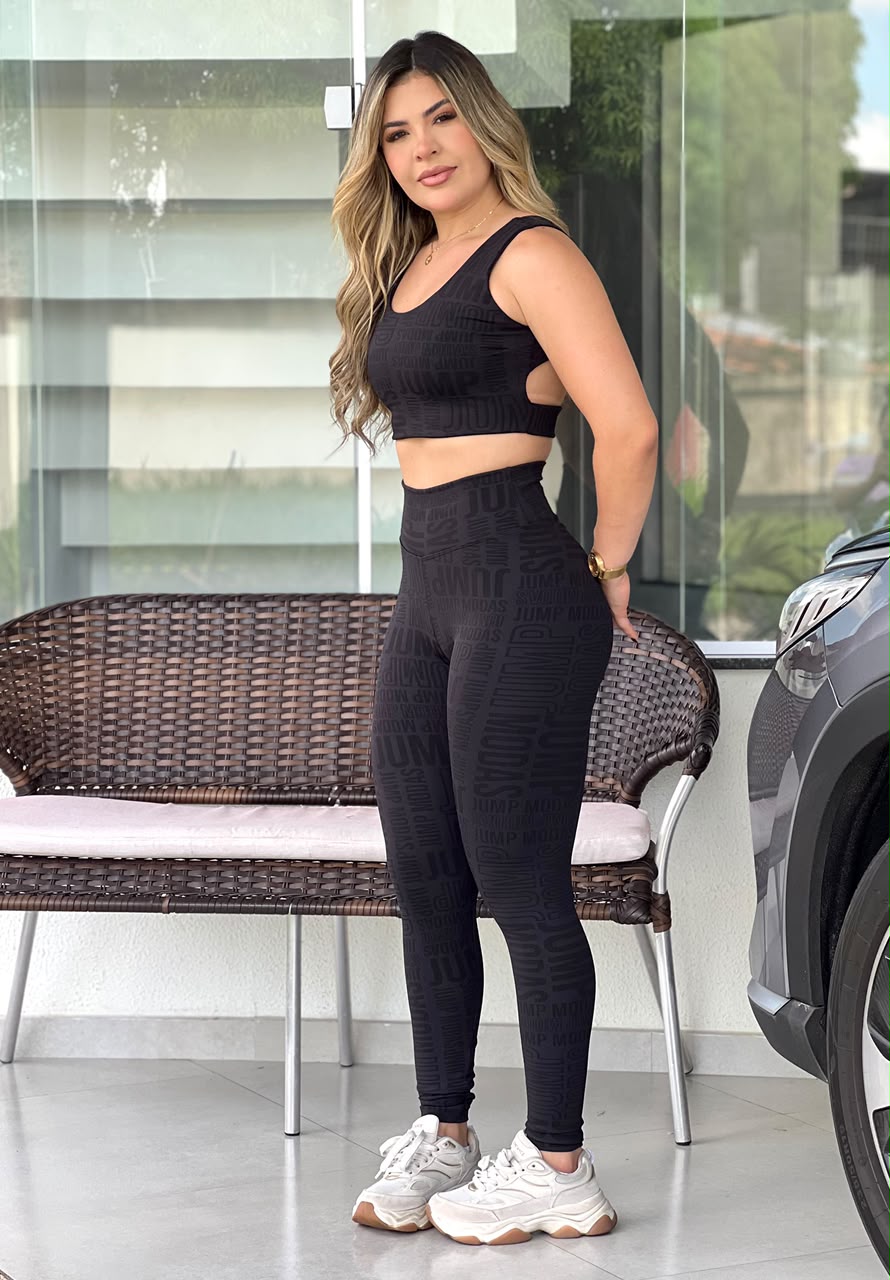 Legging Cintura Alta Preta Logo All-Over