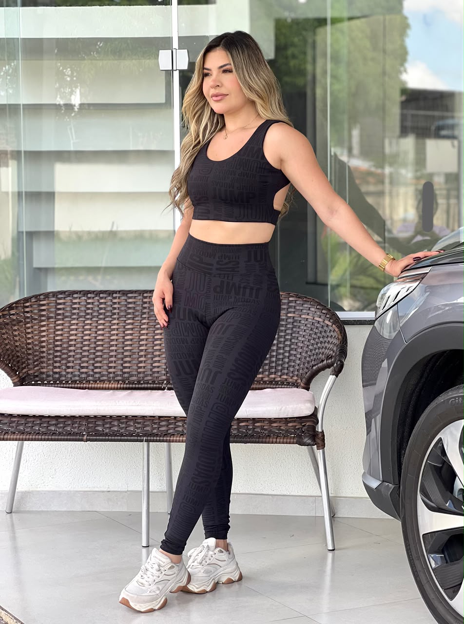 Legging Cintura Alta Preta Logo All-Over