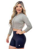 Jaqueta Cropped Waffle Cinza Bege Manga Longa Jump