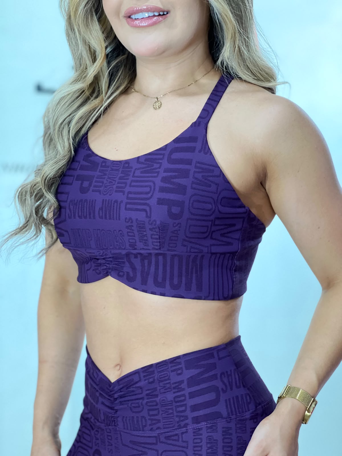 Top Fitness Cropped Roxo com Textura Jump Modas — Jump Modas, moda fitness feminina em Belém-PA