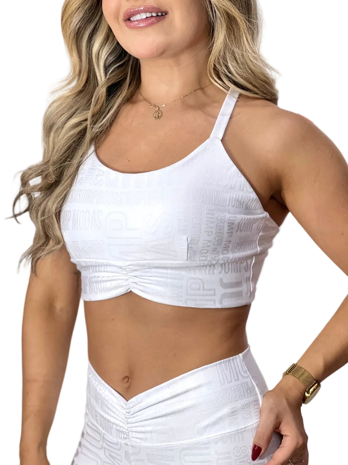 Top Fitness Cropped Branco com Textura Jump Modas — Jump Modas, moda fitness feminina em Belém-PA