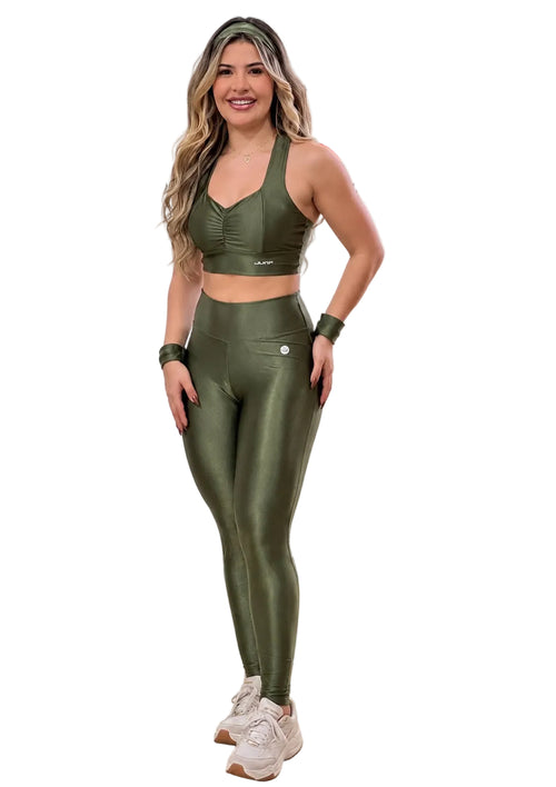 Conjunto Fitness Verde Militar Brilhoso – Cropped + Legging