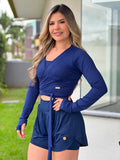 Blusa cropped transpassada azul marinho com amarração na cintura — Jump Modas, moda fitness em Belém-PA