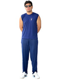 Calça masculina azul marinho com faixa lateral em tela, look completo — Jump Modas, moda fitness em Belém-PA