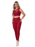 Legging Canelada Vermelha Cintura Alta Cós Largo em fundo branco, vista de frente