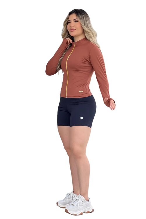 Casaco Fitness Terracota com Zíper Dourado