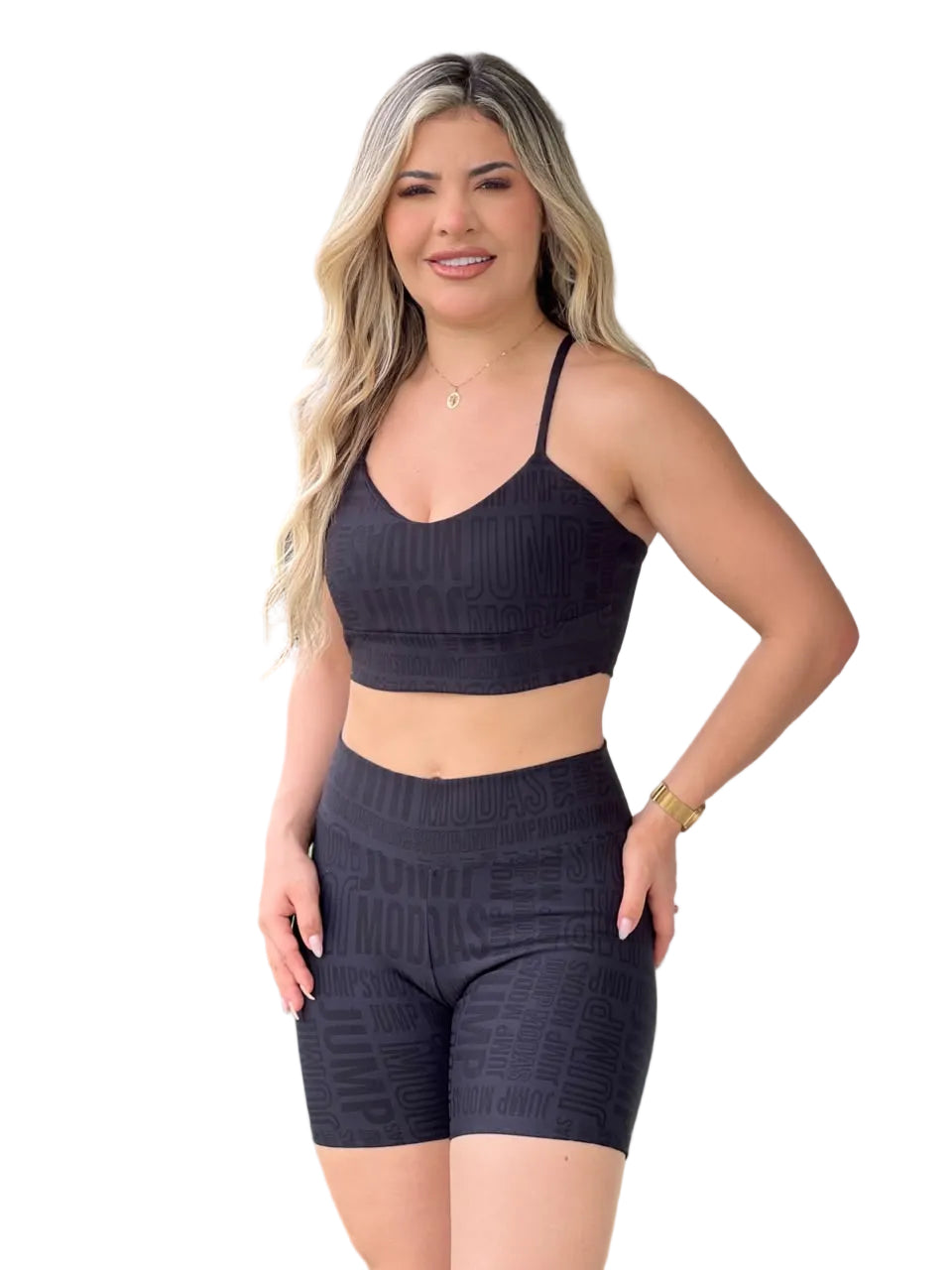 Bermuda ciclista preta com logo Jump em relevo — Jump Modas, moda fitness em Belém-PA