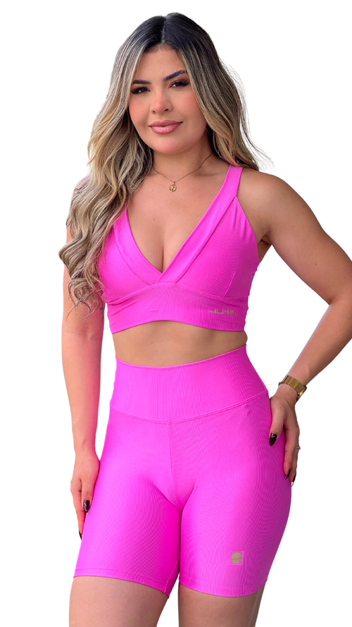 Conjunto Fitness Canelado Pink Neon — Top e Short Cintura Alta
