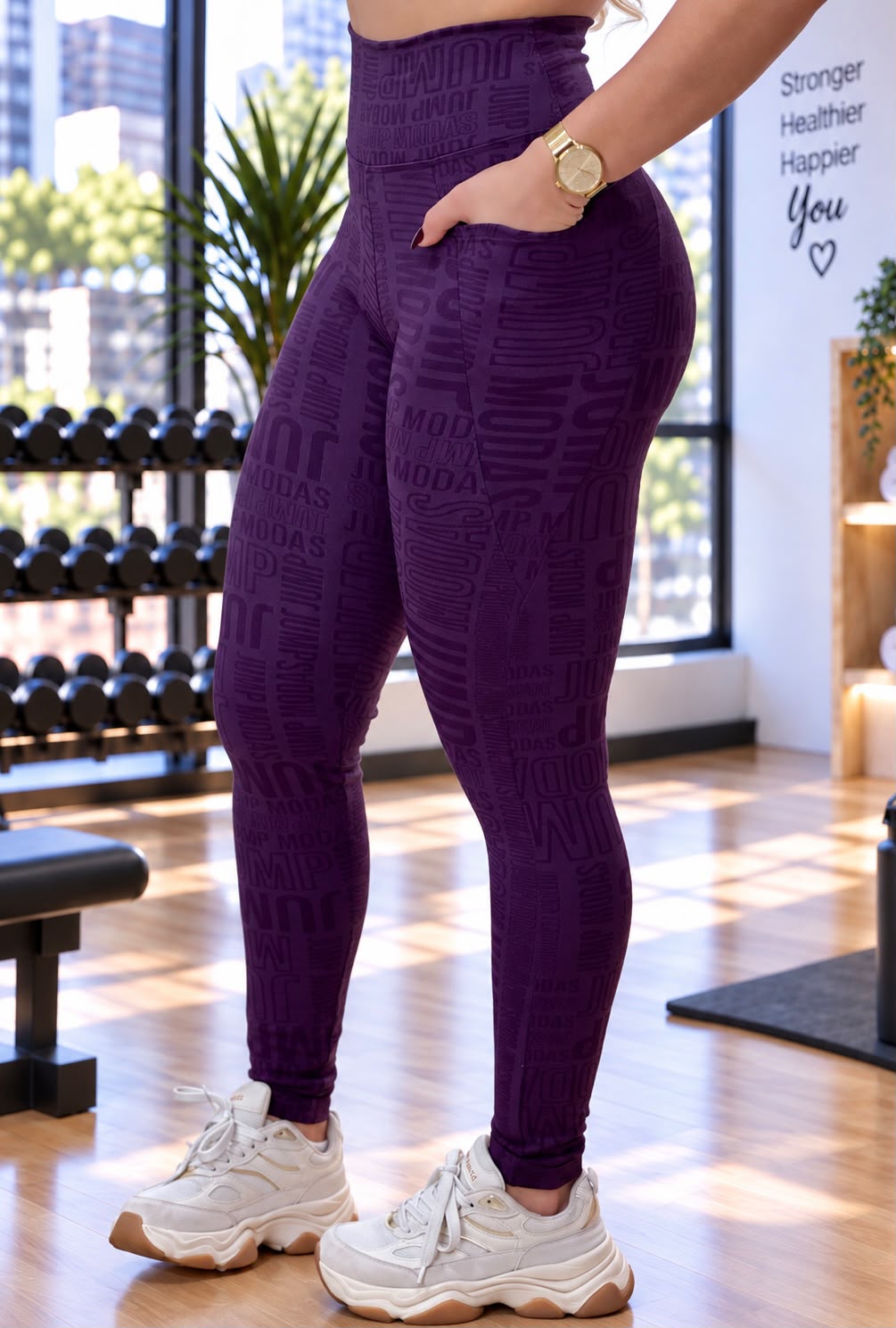 Detalhe do bolso lateral da legging roxo uva Logo All-Over