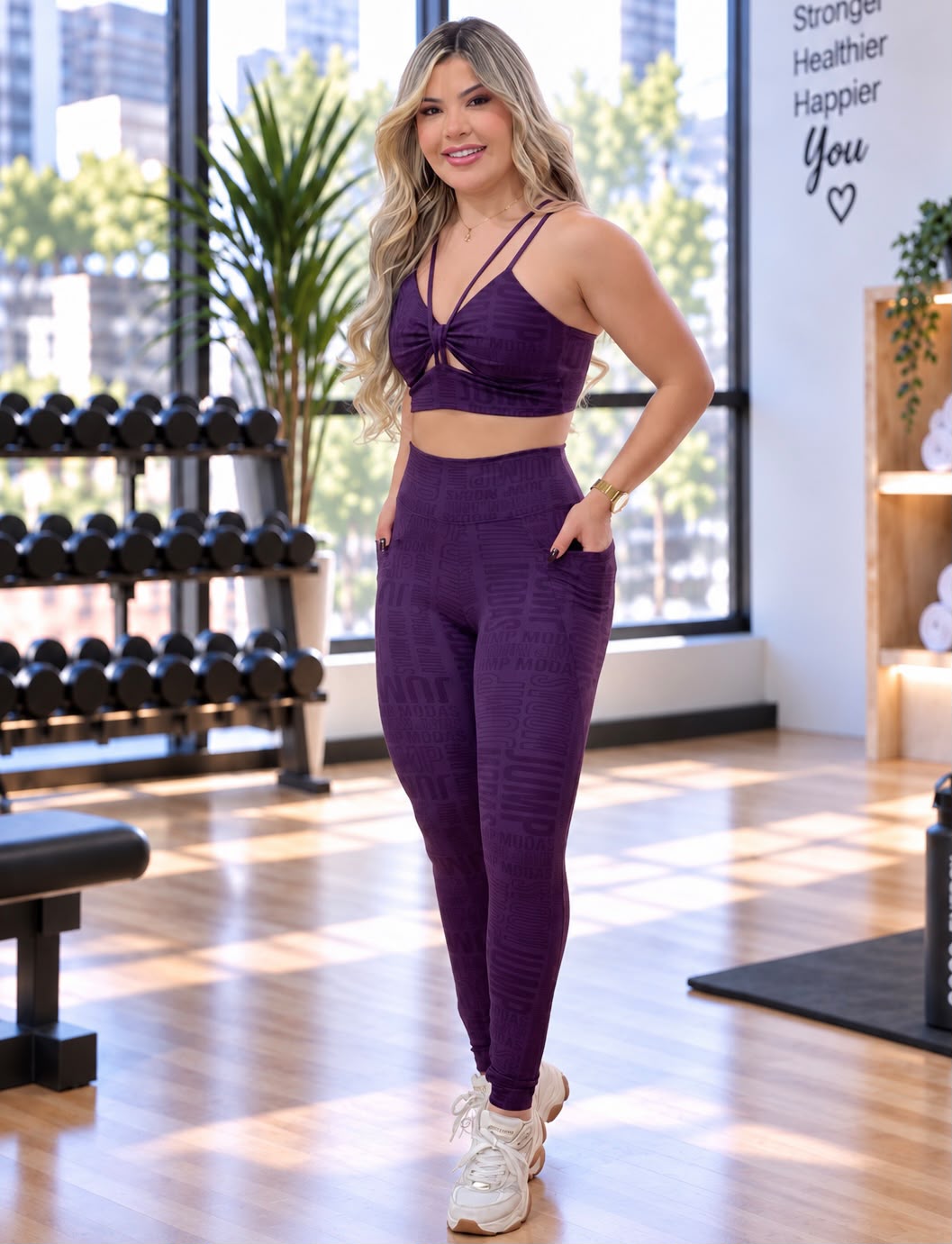 Legging cintura alta roxo uva Logo All-Over com top da mesma cor