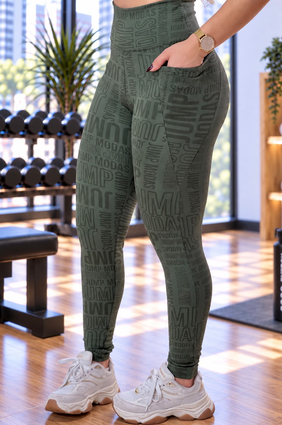Detalhe do bolso lateral da legging verde militar Logo All-Over
