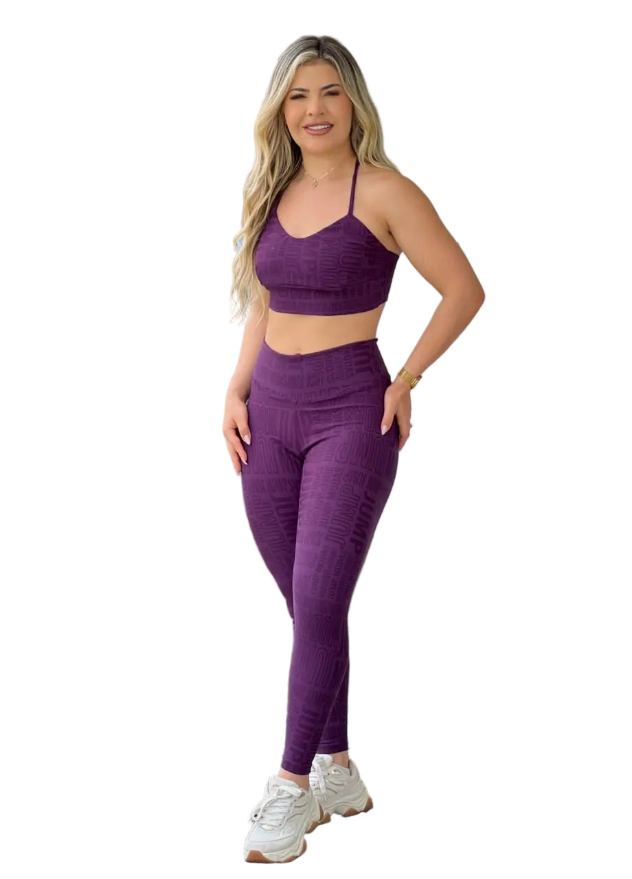 Legging roxo uva de cintura alta com logo Jump em relevo — Jump Modas, moda fitness em Belém-PA