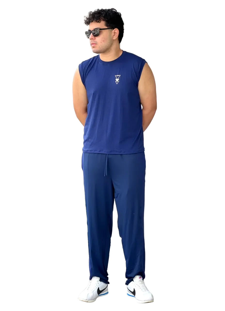 Machão masculino azul marinho em tela perfurada, visto de frente — Jump Modas, moda fitness em Belém-PA