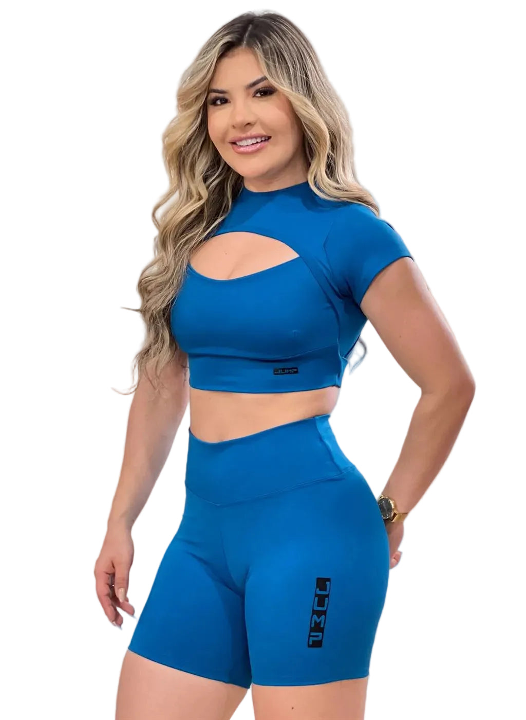 Conjunto Cropped Manga Curta e Bermuda Azul Royal Jump Modas - vista frontal