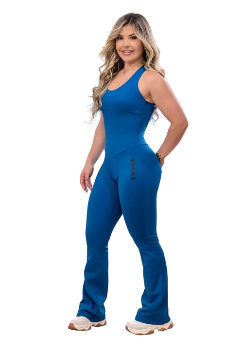 Macacão Flare Costas Abertas — Azul Royal | Paula Marrocos Signature