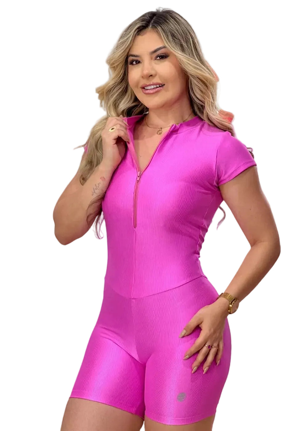 Macaquinho Canelado com Zíper — Rosa Pink | Paula Marrocos Signature — Jump Modas, moda fitness feminina em Belém-PA