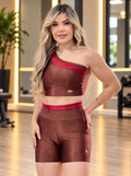 Short Cintura Alta Marrom Cobre Brilhoso com Cós Vermelho, vista frontal