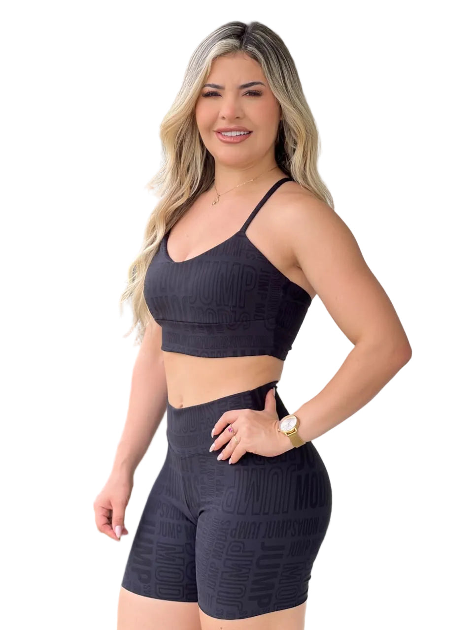 Top preto de alças finas com logo Jump em relevo — Jump Modas, moda fitness em Belém-PA