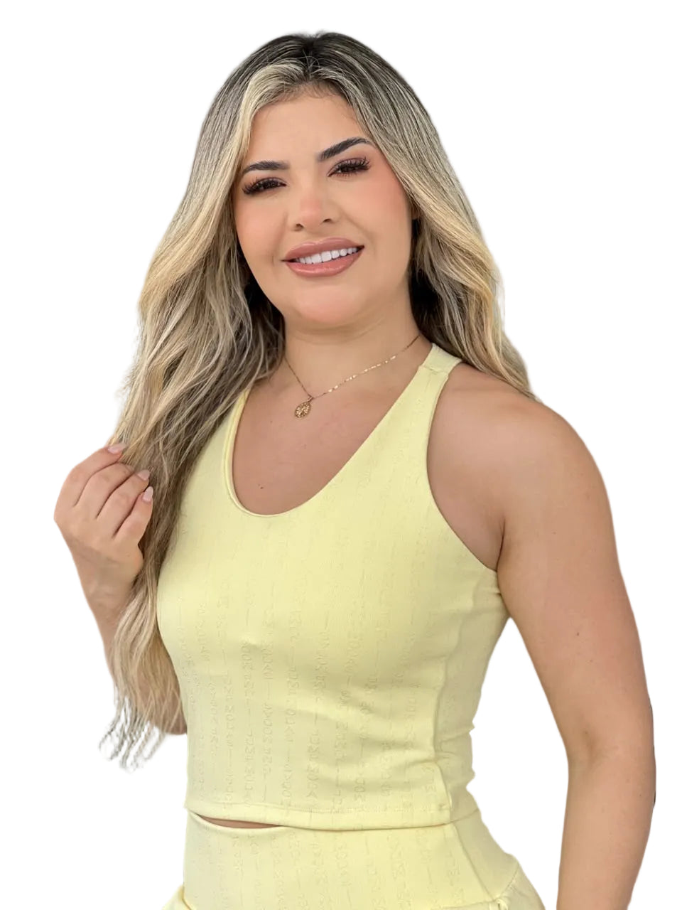 Top regata canelado amarelo com decote redondo — Jump Modas, moda fitness em Belém-PA