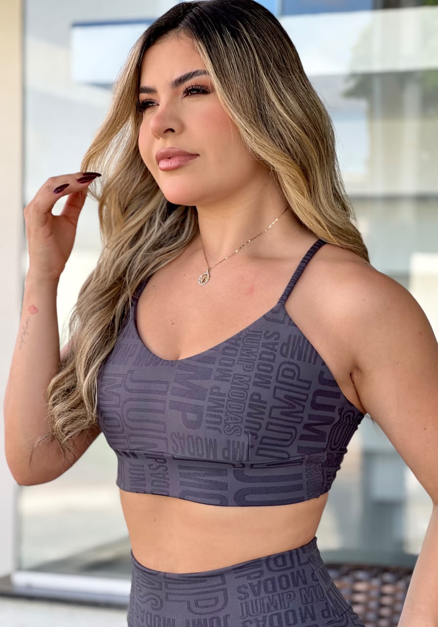 Top Alças Finas Cinza Chumbo Logo All-Over Jump Modas - vista frontal