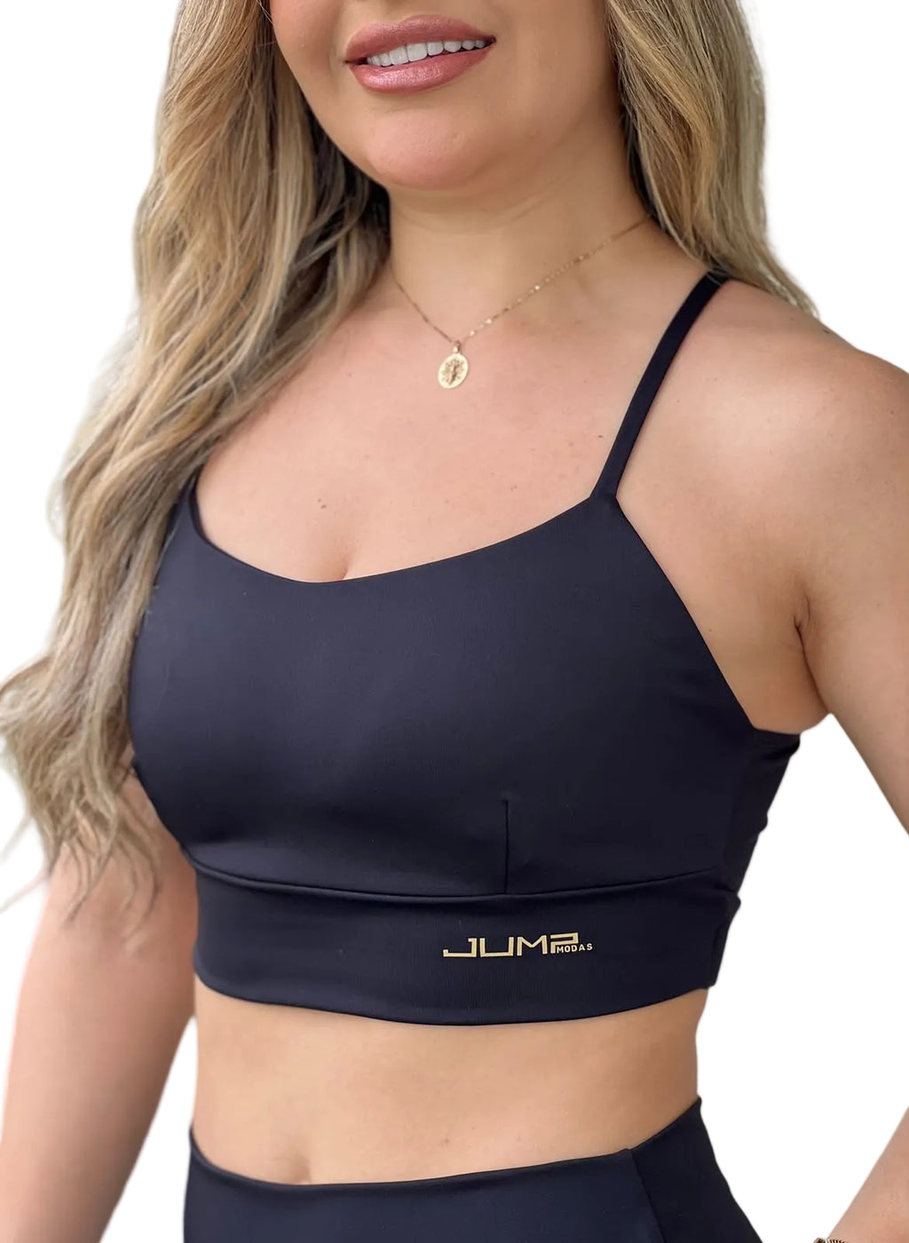 Top Alças Finas Preto Jump Modas - detalhe do bojo e alças