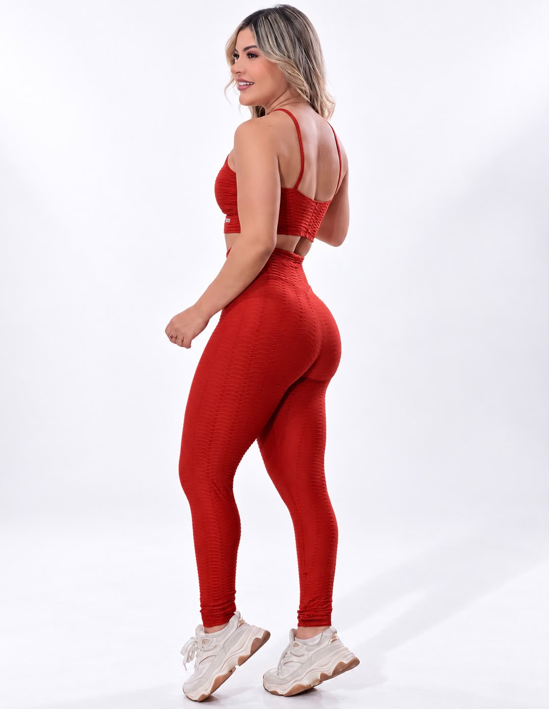Costas da legging cintura alta vermelha texturizado 3d
