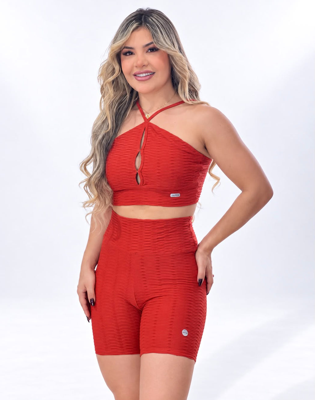 Top Frente Única Vermelho Texturizado 3D visto de frente