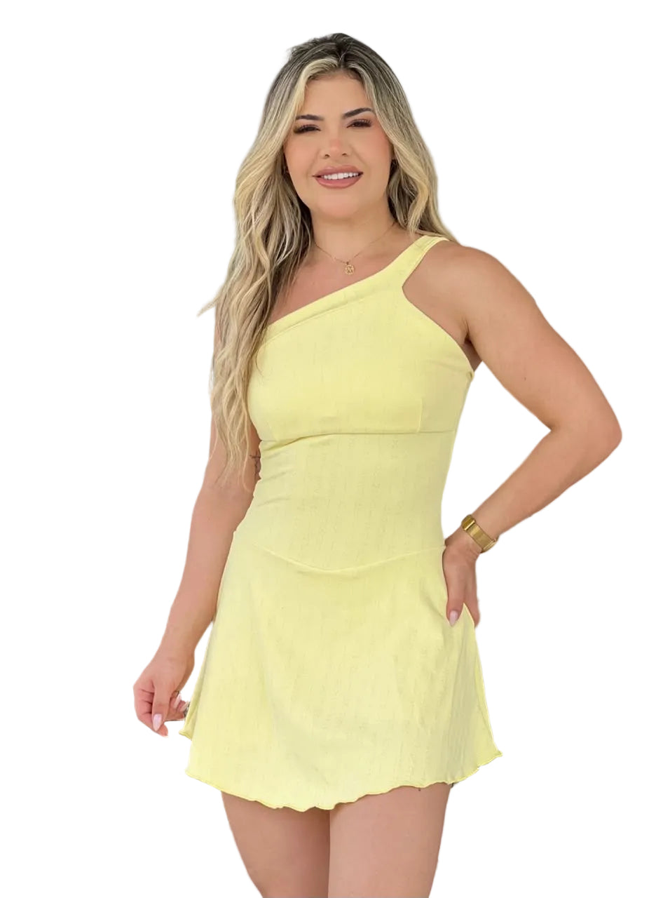 Vestido canelado amarelo de ombro único — Jump Modas, moda fitness em Belém-PA