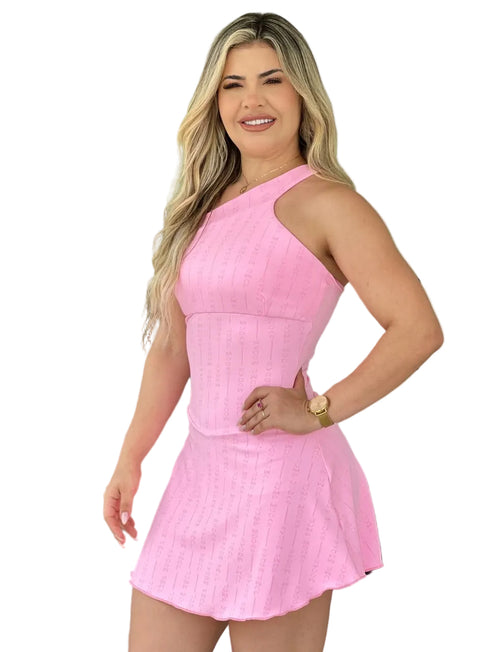 Vestido Canelado Rosa Ombro Único